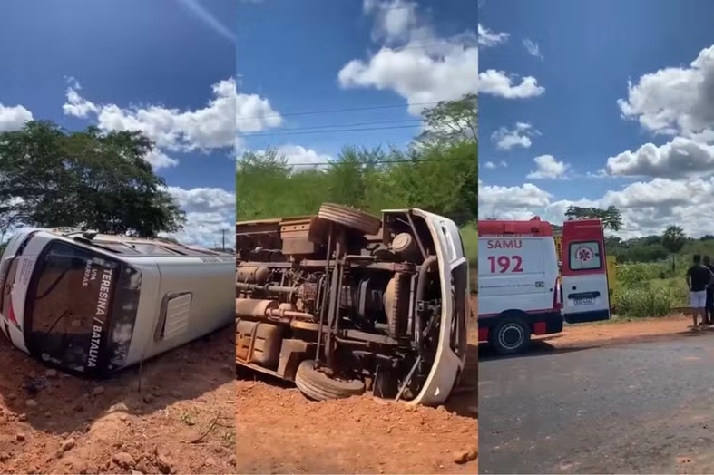 Microônibus de Batalha tomba na PI-113 e deixa passageiros feridos em José de Freitas