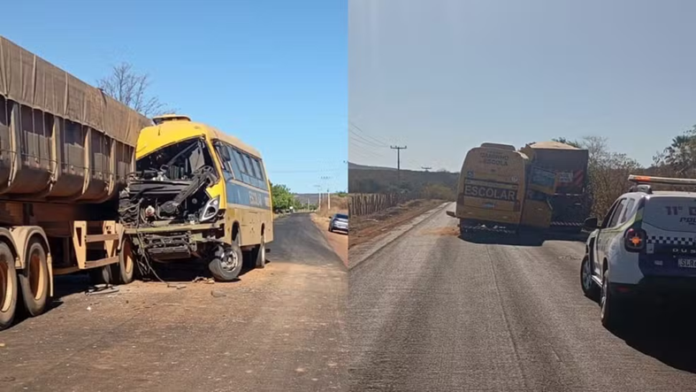 Ônibus escolar bate em carreta estacionada na PI-144, no Sul do Piauí