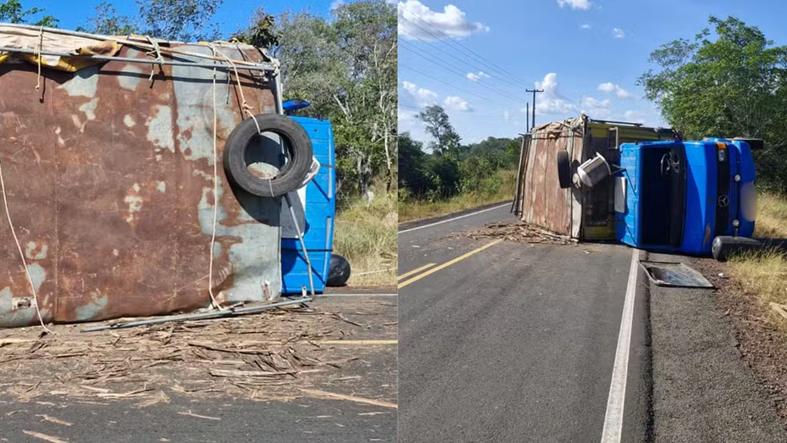 Caminhão carregado com seis bois tomba na PI-110 entre Batalha e Barras